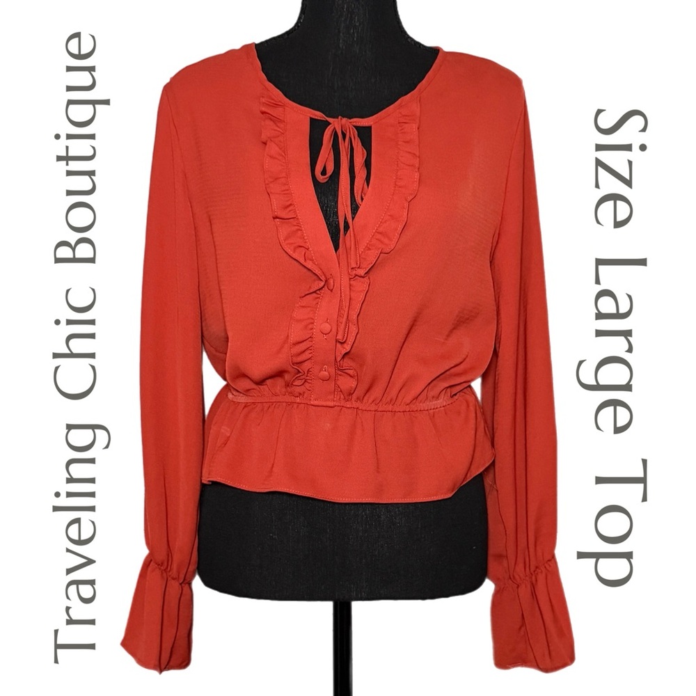 Traveling Chic‎ Boutique- Elegant Rust Ruffle Blouse - Size Large